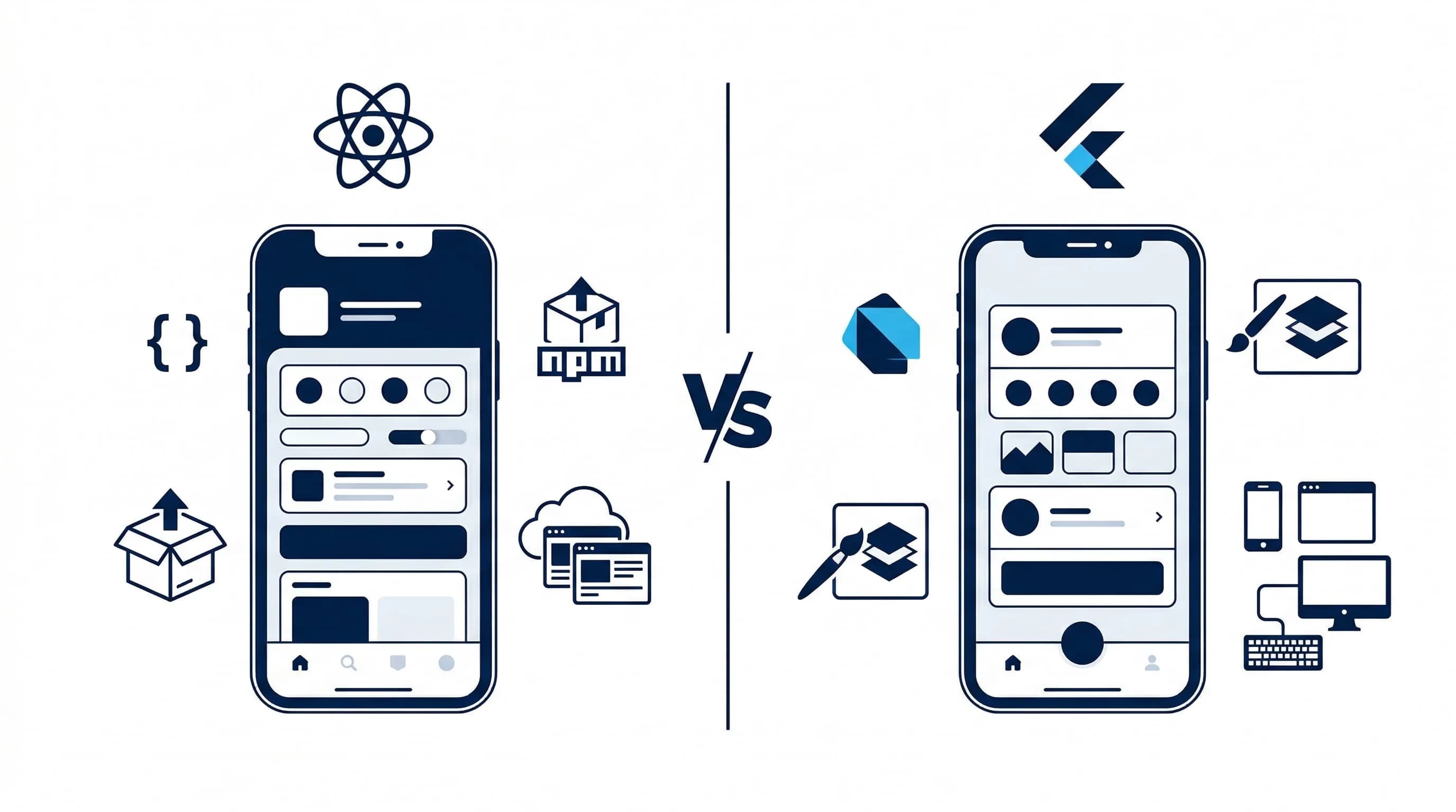 Side-by-side comparison of React Native and Flutter mobile app development frameworks
