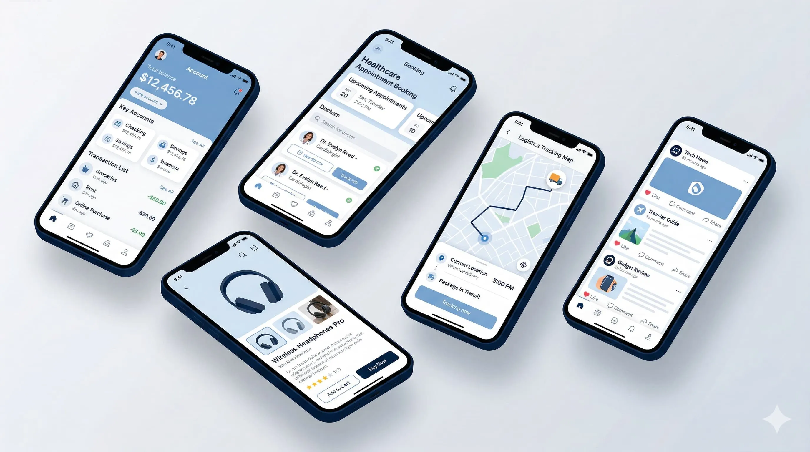 Multiple mobile app screens showing React Native and Flutter app examples