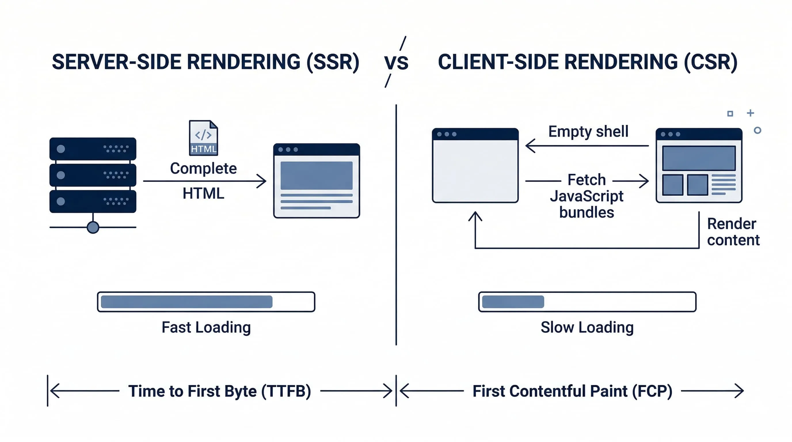 Diagram showing server-side rendering vs client-side rendering performance comparison